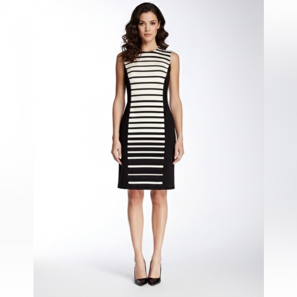 J. McLaughlin Black White Stripe Illusion Sheath Dress‎ Mod Sleeveless Hourglass